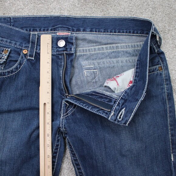 True Religion Boot cut Jeans Mens 38 Blue Bootcut Thick Stitch Denim 28" inseam - Picture 10 of 15